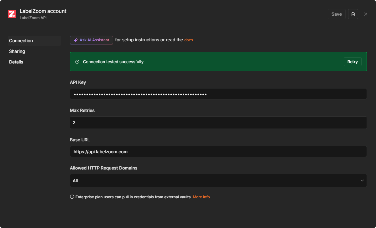 The LabelZoom API credential in n8n showing the API Key, Max Retries and Base URL fields, with a successful connection test