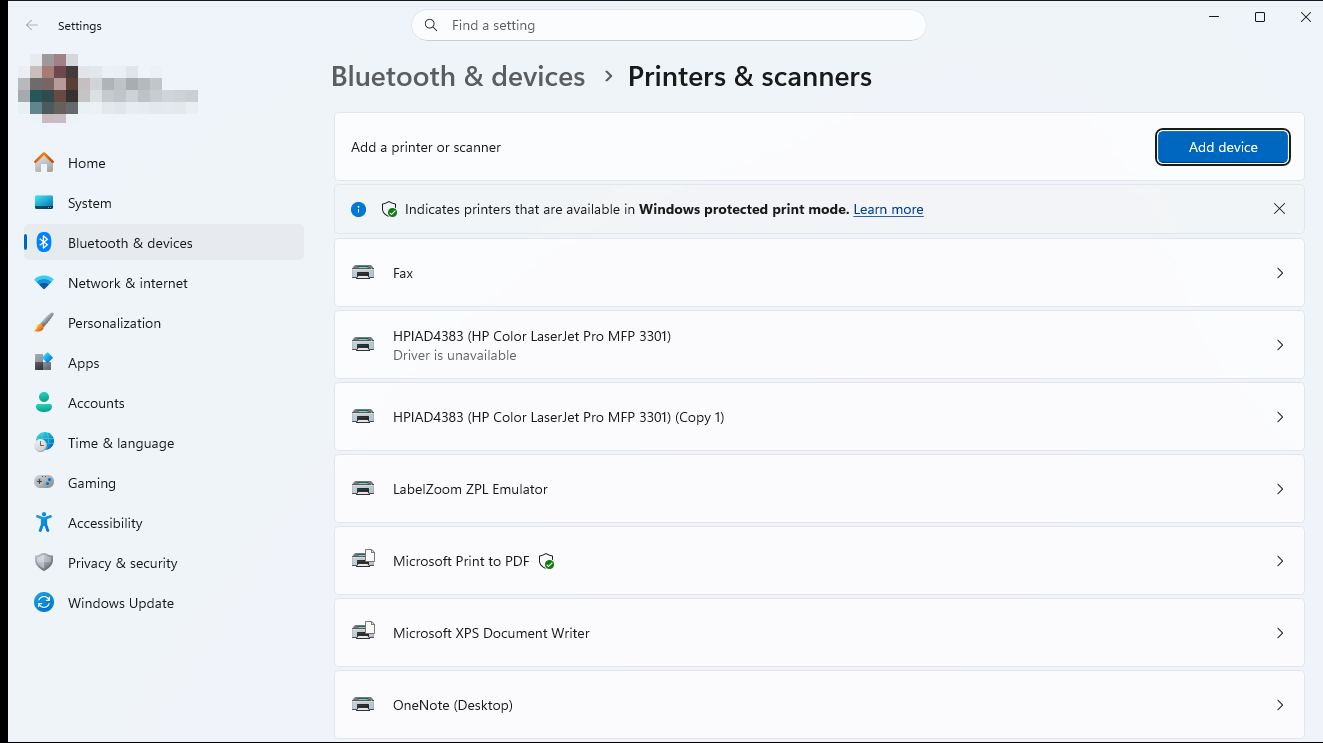 The Windows 11 Printers &amp; scanners settings page, with the Add device button at the top of the printer list