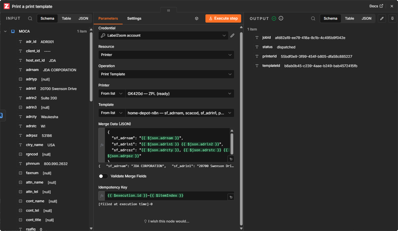 The Template dropdown listing Print Templates, each annotated with its merge field names