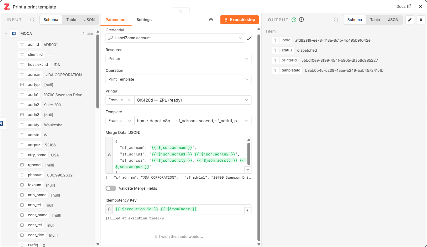 The Template dropdown listing Print Templates, each annotated with its merge field names