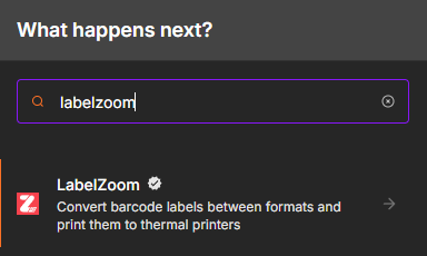 the n8n canvas nodes panel, “LabelZoom” typed into the search, the node showing in the search results
