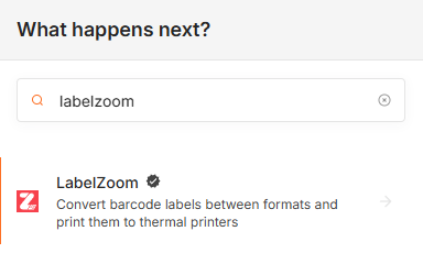the n8n canvas nodes panel, “LabelZoom” typed into the search, the node showing in the search results