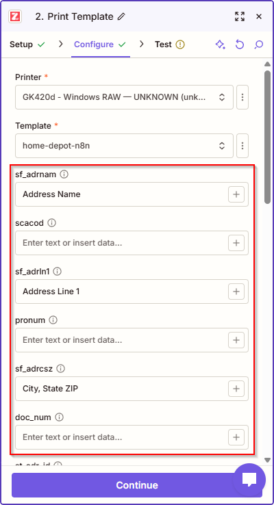 The Print Template action in Zapier showing input fields generated from the selected template’s merge fields