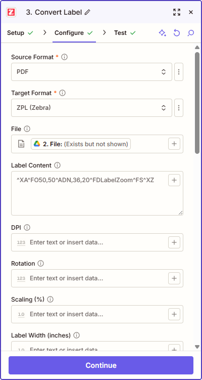The Convert Label action in Zapier set to convert PDF to ZPL, with the File field mapped from the trigger