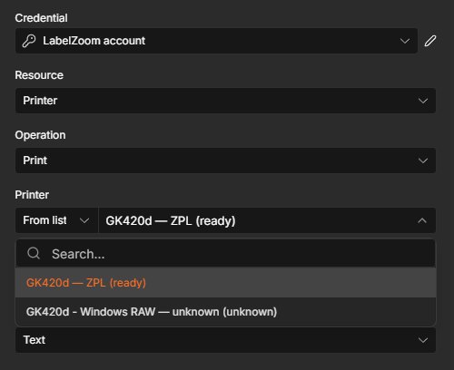The Printer dropdown in the LabelZoom node listing cloud printers with their native format and live status