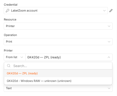 The Printer dropdown in the LabelZoom node listing cloud printers with their native format and live status