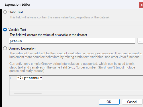Studio’s Expression Editor, with Variable Text selected and a field name entered