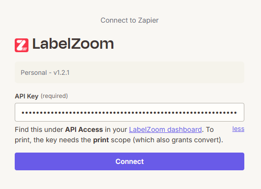 The LabelZoom connection modal in Zapier, asking for an API key