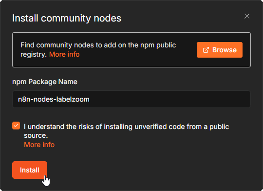 The n8n Community nodes install dialog with n8n-nodes-labelzoom entered as the npm package name