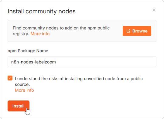 The n8n Community nodes install dialog with n8n-nodes-labelzoom entered as the npm package name