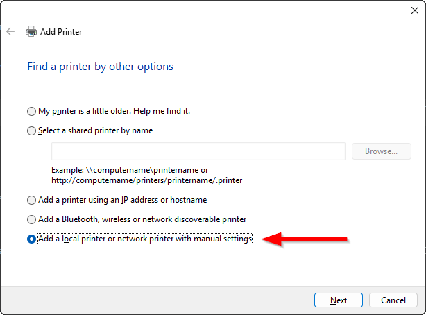The Add Printer wizard’s “Find a printer by other options” screen, with “Add a local printer or network printer with manual settings” selected