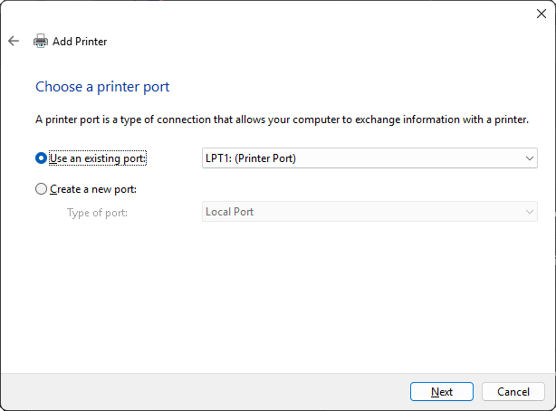The Choose a printer port step with “Use an existing port” selected and a port chosen in the dropdown