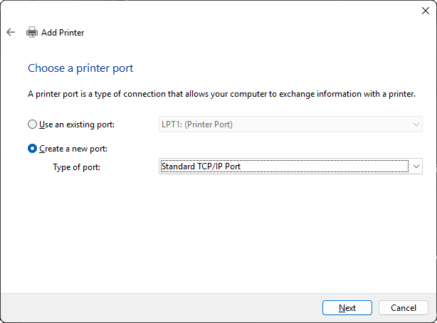 The Choose a printer port step with “Create a new port” selected and Standard TCP/IP Port chosen in the dropdown