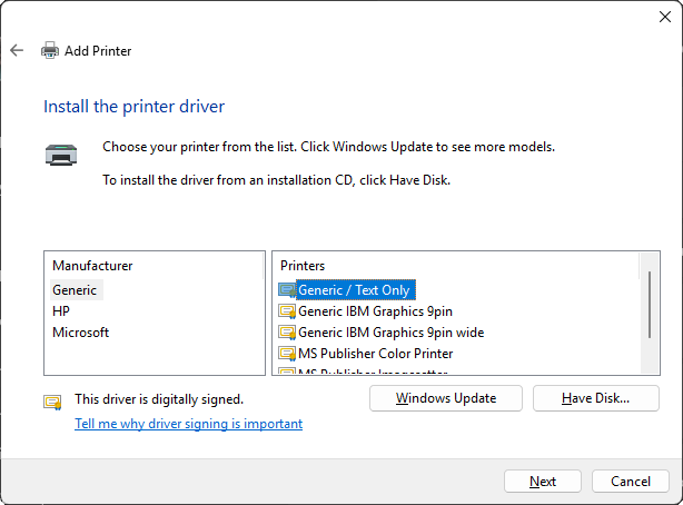 The Install the printer driver step with Generic selected under Manufacturer and Generic / Text Only under Printers