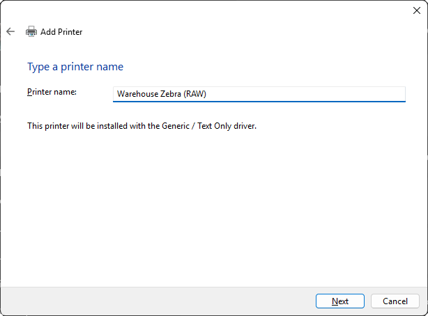 The Type a printer name step with the printer named “Warehouse Zebra (RAW)”