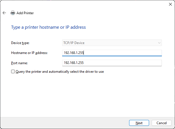 The Type a printer hostname or IP address step, with Query the printer and automatically select the driver to use unchecked