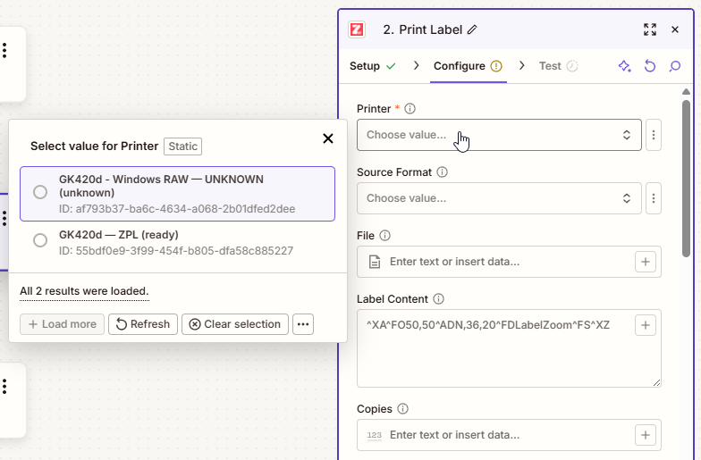 The Printer dropdown in Zapier’s Print Label action, listing cloud printers with their native format and status