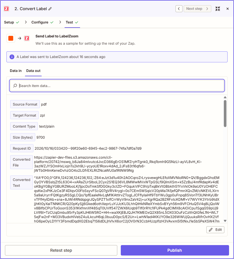 The Convert Label test output in Zapier showing both the Converted File and Converted Text fields